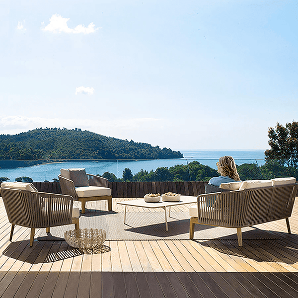 Hippolyta Outdoor Dining & Sofa Set – Modern Rattan Garden Furniture Set with Aluminium Frame, Teakwood Accents & Waterproof Cushions – Stylish Patio 4 - Seater Outdoor Lounge & Dining Set - Sleek Furniture