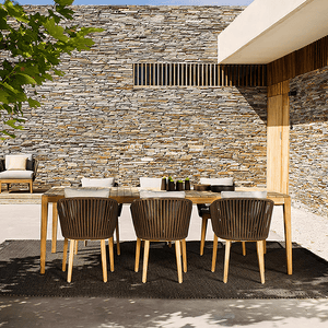 Hippolyta Outdoor Dining & Sofa Set – Modern Rattan Garden Furniture Set with Aluminium Frame, Teakwood Accents & Waterproof Cushions – Stylish Patio 4 - Seater Outdoor Lounge & Dining Set - Sleek Furniture