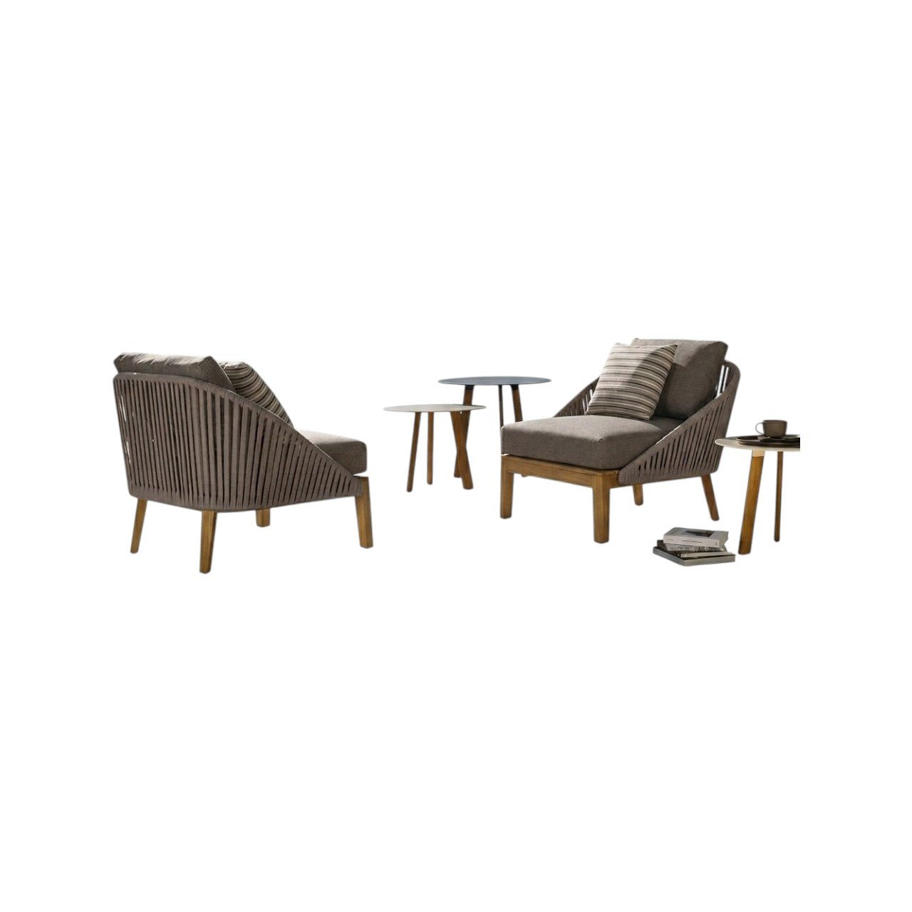Hippolyta Outdoor Dining & Sofa Set – Modern Rattan Garden Furniture Set Aluminium Frame Teakwood Accents & Waterproof Cushions – Stylish Patio 4 Seater Outdoor Lounge & Dining Set