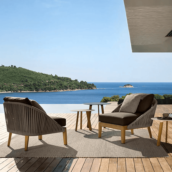 Hippolyta Outdoor Dining & Sofa Set – Modern Rattan Garden Furniture Set with Aluminium Frame, Teakwood Accents & Waterproof Cushions – Stylish Patio 4 - Seater Outdoor Lounge & Dining Set - Sleek Furniture