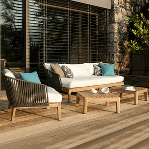 Hippolyta Outdoor Dining & Sofa Set – Modern Rattan Garden Furniture Set with Aluminium Frame, Teakwood Accents & Waterproof Cushions – Stylish Patio 4 - Seater Outdoor Lounge & Dining Set - Sleek Furniture