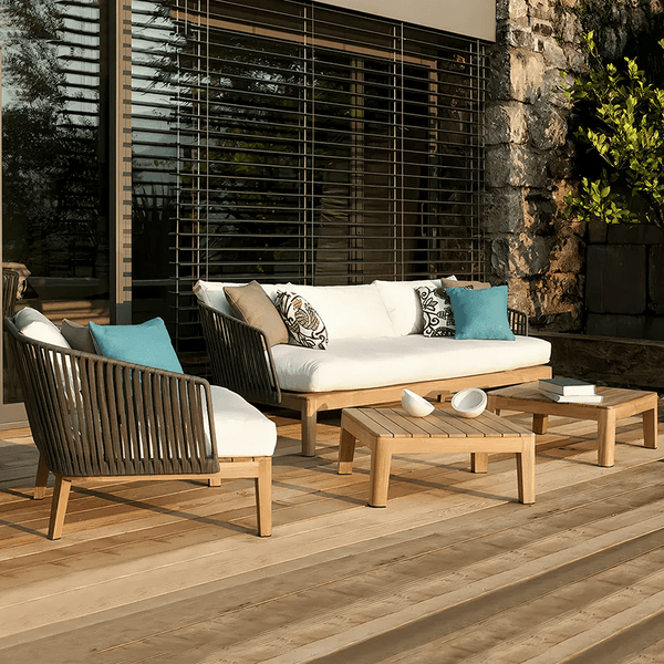 Hippolyta Outdoor Dining & Sofa Set – Modern Rattan Garden Furniture Set with Aluminium Frame, Teakwood Accents & Waterproof Cushions – Stylish Patio 4 - Seater Outdoor Lounge & Dining Set - Sleek Furniture
