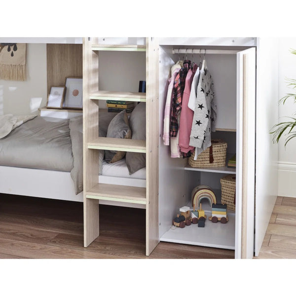 Horizon Wooden Bunk Bed with Wardrobe, Shelving & Glow-in-the-Dark Steps – Pale Wood & White - Sleek Furniture