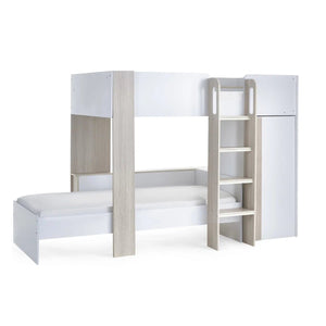 Horizon Wooden Bunk Bed with Wardrobe, Shelving & Glow-in-the-Dark Steps – Pale Wood & White - Sleek Furniture