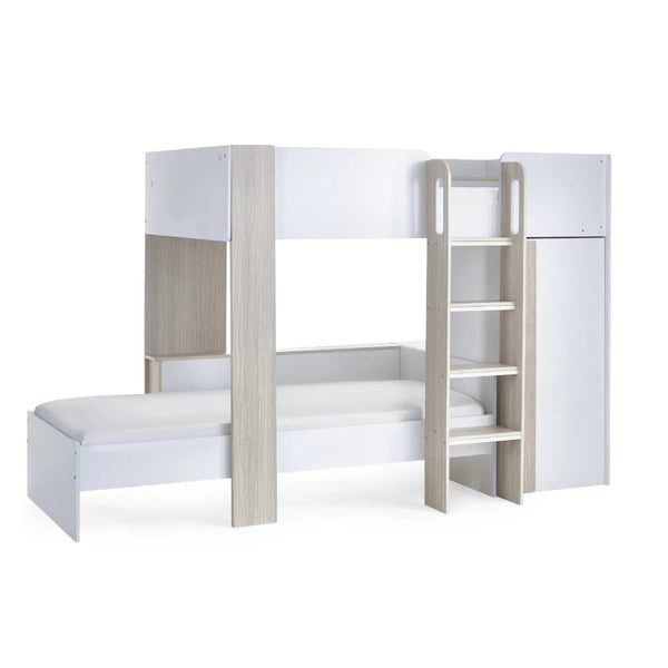 Horizon Wooden Bunk Bed with Wardrobe, Shelving & Glow-in-the-Dark Steps – Pale Wood & White - Sleek Furniture