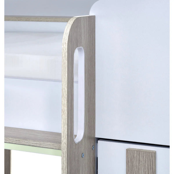 Horizon Wooden Bunk Bed with Wardrobe, Shelving & Glow-in-the-Dark Steps – Pale Wood & White - Sleek Furniture