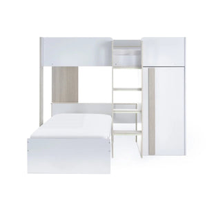 Horizon Wooden Bunk Bed with Wardrobe, Shelving & Glow-in-the-Dark Steps – Pale Wood & White - Sleek Furniture