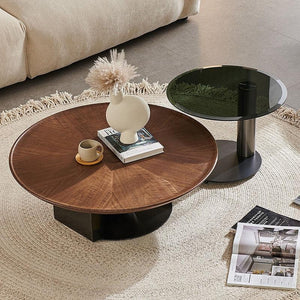 Ian Round Coffee Table Set – Solid Wood, Glass Top Living Room Nesting Tables with Metal Frame, Contemporary Modern Center Table Set, Dark Oak & Black Finish - Sleek Furniture
