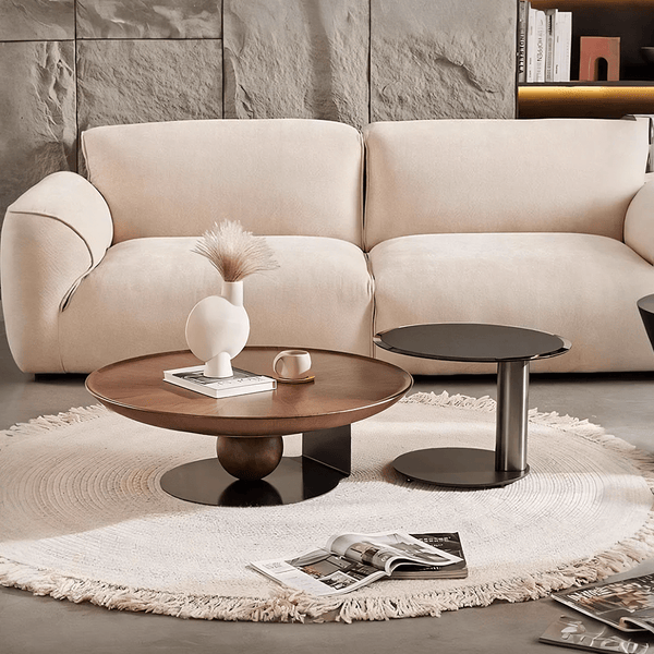 Ian Round Coffee Table Set – Solid Wood, Glass Top Living Room Nesting Tables with Metal Frame, Contemporary Modern Center Table Set, Dark Oak & Black Finish - Sleek Furniture