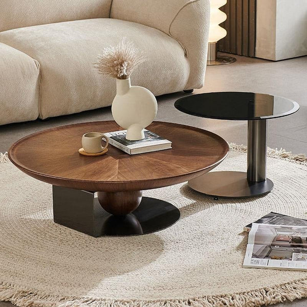 Ian Round Coffee Table Set – Solid Wood, Glass Top Living Room Nesting Tables with Metal Frame, Contemporary Modern Center Table Set, Dark Oak & Black Finish - Sleek Furniture