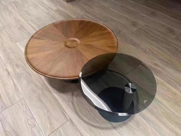 Ian Round Coffee Table Set – Solid Wood, Glass Top Living Room Nesting Tables with Metal Frame, Contemporary Modern Center Table Set, Dark Oak & Black Finish - Sleek Furniture