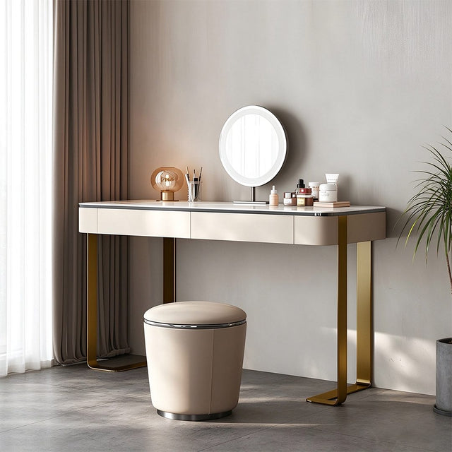 Hamlin Dressing Table with Mirror – Ivory White Sintered Stone Vanity Table with Upholstered Accents & Optional Chair or Stool
