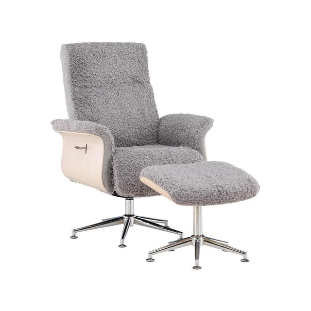 Hagön Lounge Chair with Footstool – Grey Fur Fabric – Adjustable Backrest – Nordic Modern Design