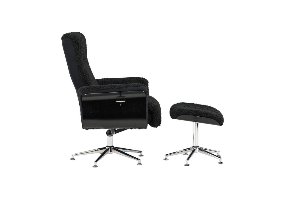 Hagön Lounge Chair with Footstool – Dark Grey Fur Fabric – Adjustable Backrest – Modern Nordic Design