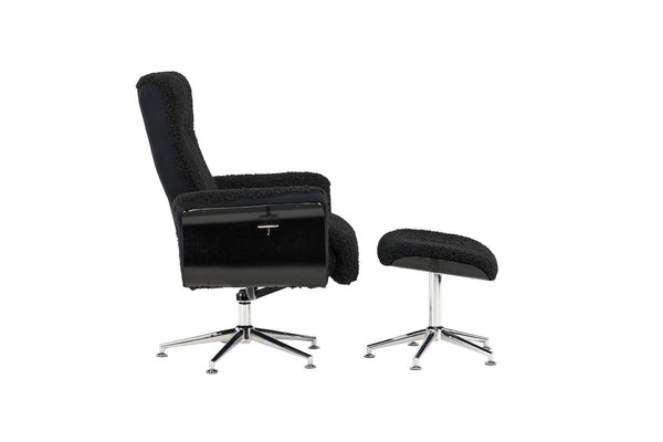 Hagön Lounge Chair with Footstool – Dark Grey Fur Fabric – Adjustable Backrest – Modern Nordic Design