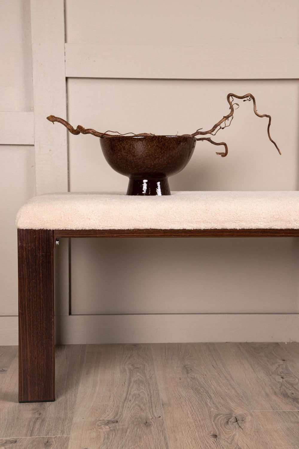 Chester White Bench | Soft Fleece Upholstered Seat with Walnut Wood Legs