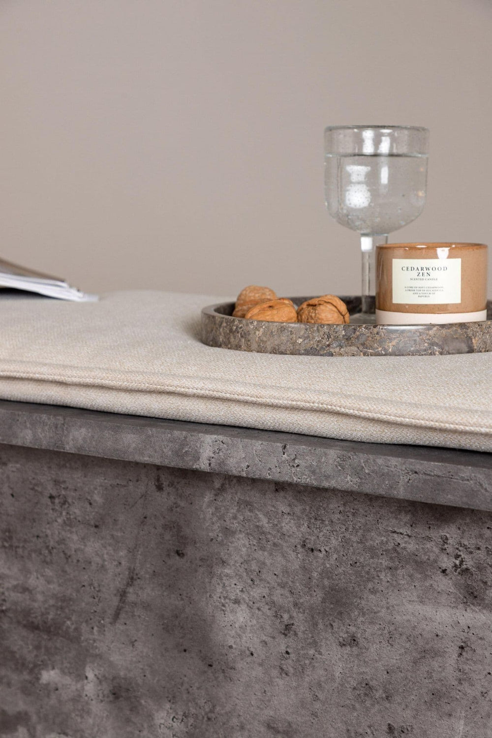 Kellogg Grey Bench | Stone-Look Base with Beige Linen Cushion