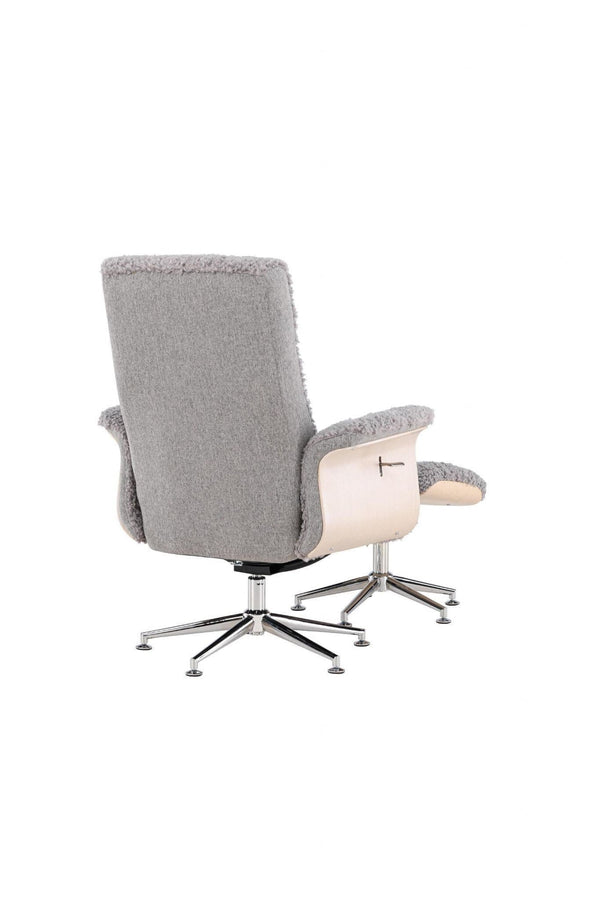 Hagön Lounge Chair with Footstool – Grey Fur Fabric – Adjustable Backrest – Nordic Modern Design
