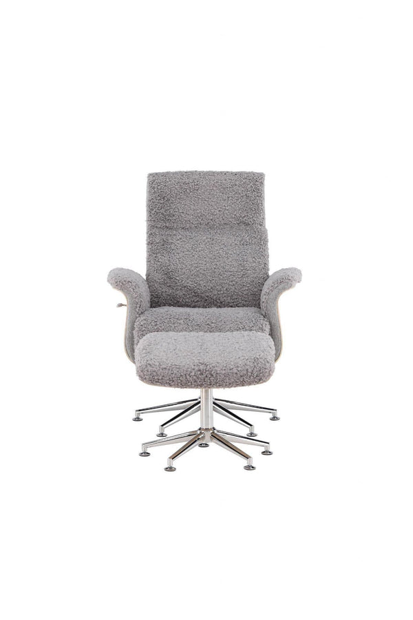 Hagön Lounge Chair with Footstool – Grey Fur Fabric – Adjustable Backrest – Nordic Modern Design
