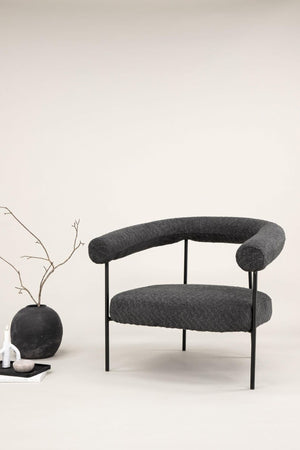 Lustig Armchair – Dark Grey Bouclé Fabric – Modern Crescent Design with Black Steel Frame – Mmilo