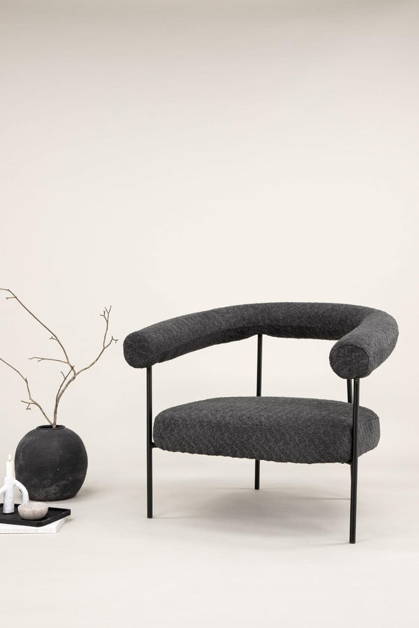 Lustig Armchair – Dark Grey Bouclé Fabric – Modern Crescent Design with Black Steel Frame – Mmilo