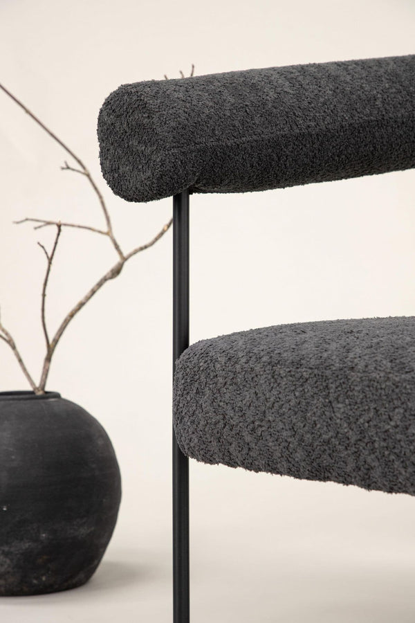 Lustig Armchair – Dark Grey Bouclé Fabric – Modern Crescent Design with Black Steel Frame – Mmilo