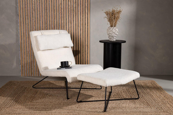 Laconia Lounge Chair with Footstool – White Bouclé Fabric – Modern Scandinavian Accent Chair – Mmilo