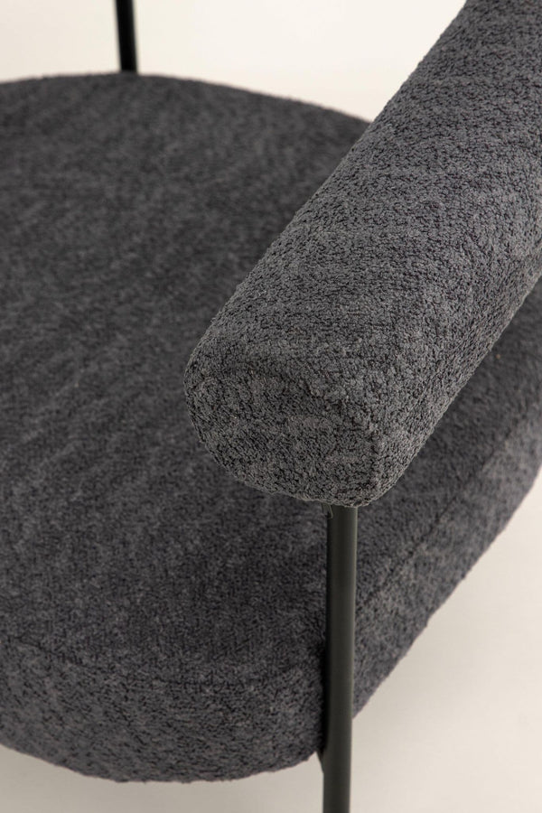Lustig Armchair – Dark Grey Bouclé Fabric – Modern Crescent Design with Black Steel Frame – Mmilo