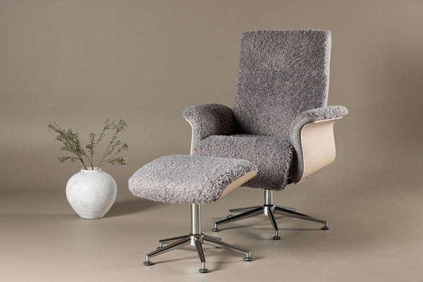 Hagön Lounge Chair with Footstool – Grey Fur Fabric – Adjustable Backrest – Nordic Modern Design