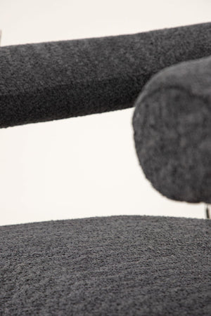 Lustig Armchair – Dark Grey Bouclé Fabric – Modern Crescent Design with Black Steel Frame – Mmilo