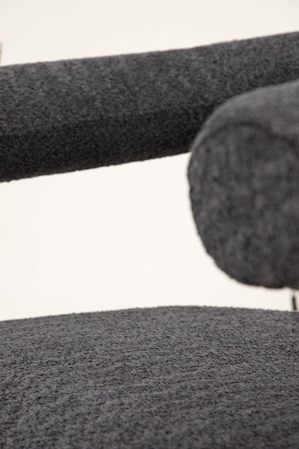 Lustig Armchair – Dark Grey Bouclé Fabric – Modern Crescent Design with Black Steel Frame – Mmilo