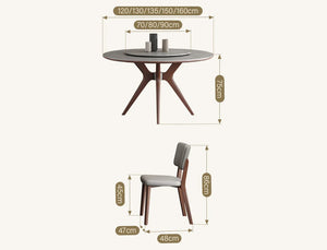 Leah Round Dining Table Set – Modern Sintered Stone Round Dining Table with Matching PU Leather Chairs, Solid Wood Frame, Contemporary Dining Set for 4–6 Seating, Grey & Walnut Finish