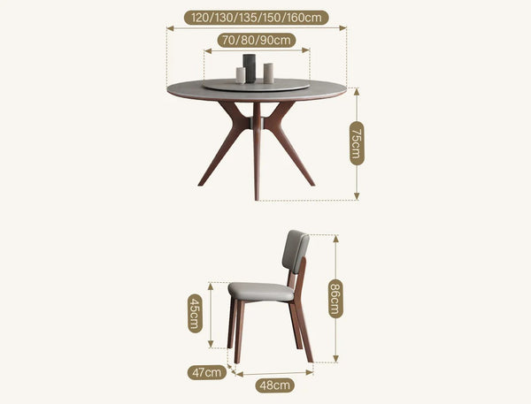 Leah Round Dining Table Set – Modern Sintered Stone Round Dining Table with Matching PU Leather Chairs, Solid Wood Frame, Contemporary Dining Set for 4–6 Seating, Grey & Walnut Finish