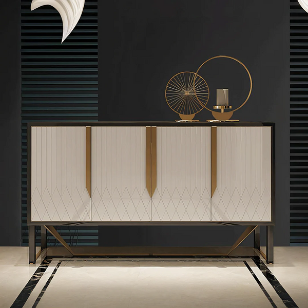 S912 Modern Sideboard Cabinet – Khaki & Gold Contemporary Storage Unit with MDF & Metal Frame, Stylish Living Room Buffet Sideboard - My Store