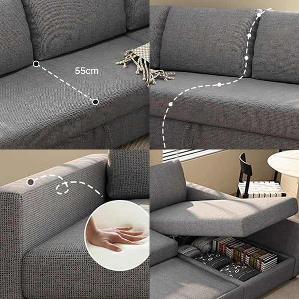 Edwards Three Seater Corner Sofa Bed with Storage, Linen Upholstered Pull-Out Sofa Bed with Chaise, Grey Corner Sleeper Sofa for Living Room or Guest Room