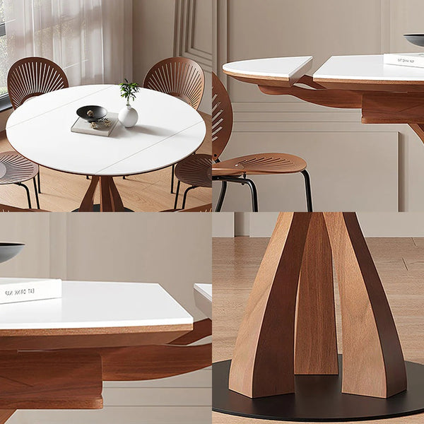Caruso Round Extending Dining Table White Sintered Stone Top Solid Wood Base 4-6 Seater Modern Space Saving Dining Table