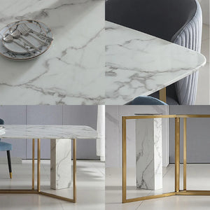 FenX Modern Dining Table, Sintered Stone Top Dining Table with Gold Steel Base, Luxury Marble Effect 6 Seater Dining Table Style for Kitchen & Dining Room, White and Gold Finish
