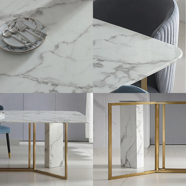 FenX Modern Dining Table, Sintered Stone Top Dining Table with Gold Steel Base, Luxury Marble Effect 6 Seater Dining Table Style for Kitchen & Dining Room, White and Gold Finish