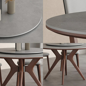 Leah Round Dining Table Set – Modern Sintered Stone Round Dining Table with Matching PU Leather Chairs, Solid Wood Frame, Contemporary Dining Set for 4–6 Seating, Grey & Walnut Finish