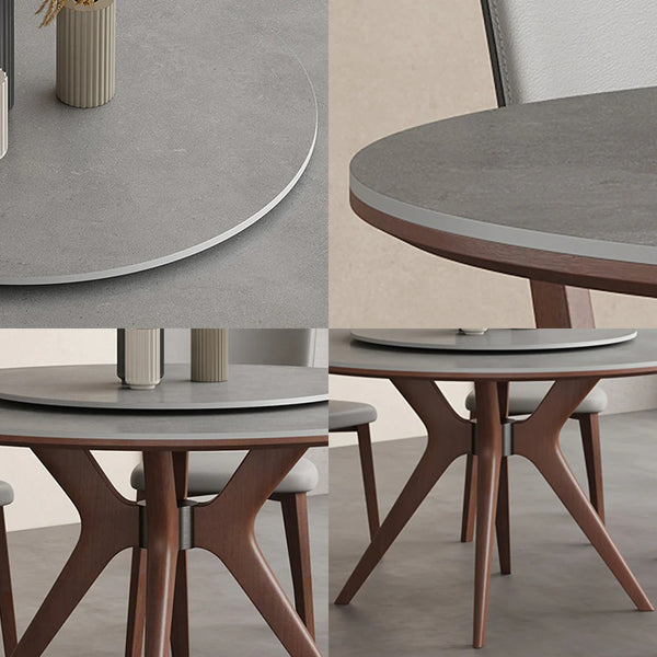 Leah Round Dining Table Set – Modern Sintered Stone Round Dining Table with Matching PU Leather Chairs, Solid Wood Frame, Contemporary Dining Set for 4–6 Seating, Grey & Walnut Finish