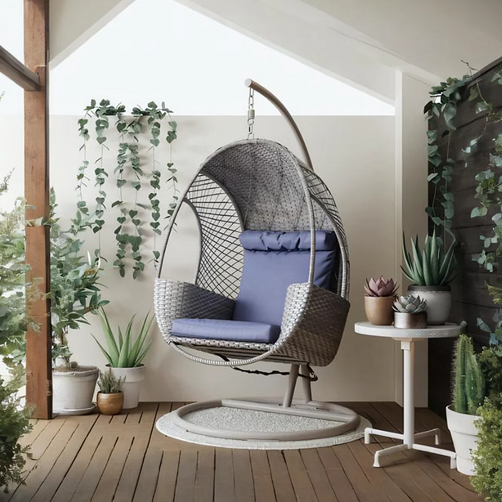Cottle Rattan Garden Hanging Egg Chair with Stand – Indoor & Outdoor Hanging Swing Chair with Cushions – Modern Contemporary Patio Furniture for Garden, Balcony & Living Room (Grey/Blue) - My Store