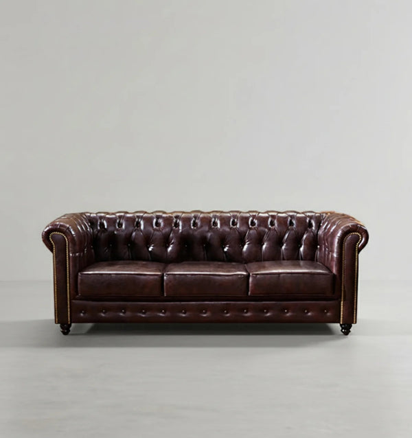 Vintage Chesterfield 3-Seater Sofa – Classic Button Tufted PU Leather Couch, Dark Brown Luxury Living Room Sofa with High Density Foam Cushions, Elegant Traditional Chesterfield Design