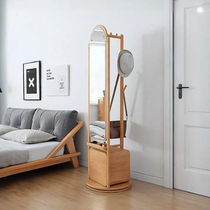 Modern Rotatable Coat Rack Wardrobe with Rattan Storage Cabinet – Solid Wood Oak Hallway Organizer with Hanging Rail & Shelves - My Store