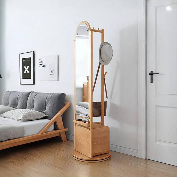 Modern Rotatable Coat Rack Wardrobe with Rattan Storage Cabinet – Solid Wood Oak Hallway Organizer with Hanging Rail & Shelves - My Store