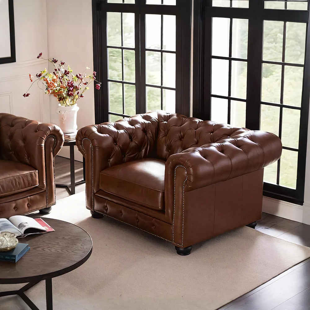 The Chesterfield Armchair – Classic Real Leather Style Sofa Chair with Wooden Frame, Modern Contemporary Accent Seating for Living Room, Office & Lounge - My Store