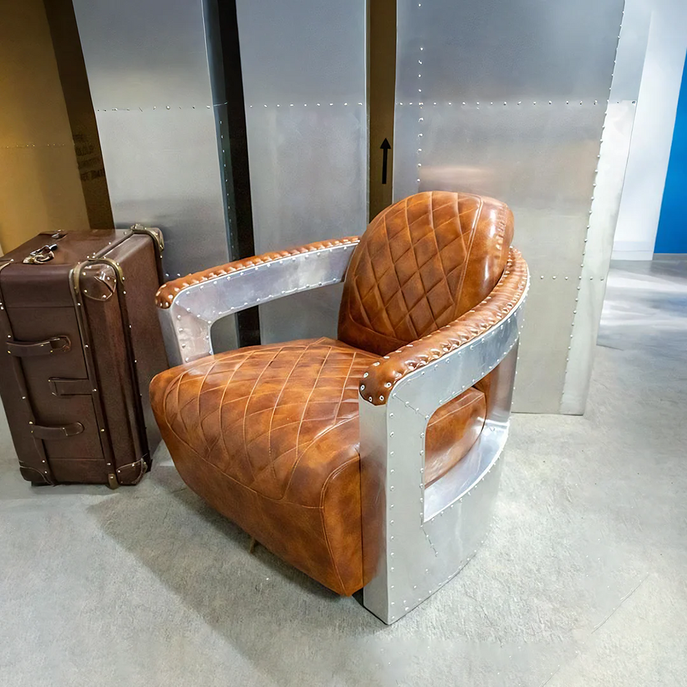 Aviator Pilot Armchair | Industrial Vintage-Style Accent Chair with Aluminum Cladding, PU Leather Upholstery & Solid MDF Frame | Contemporary Brown Lounge Armchair for Living Room & Office - My Store