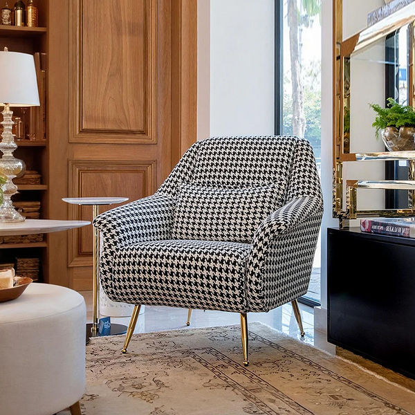 Sidbury Linen Upholstered Armchair – Contemporary Houndstooth Accent Chair with High-Density Sponge Cushion & Painted Steel Frame, Modern Living Room Seating - My Store