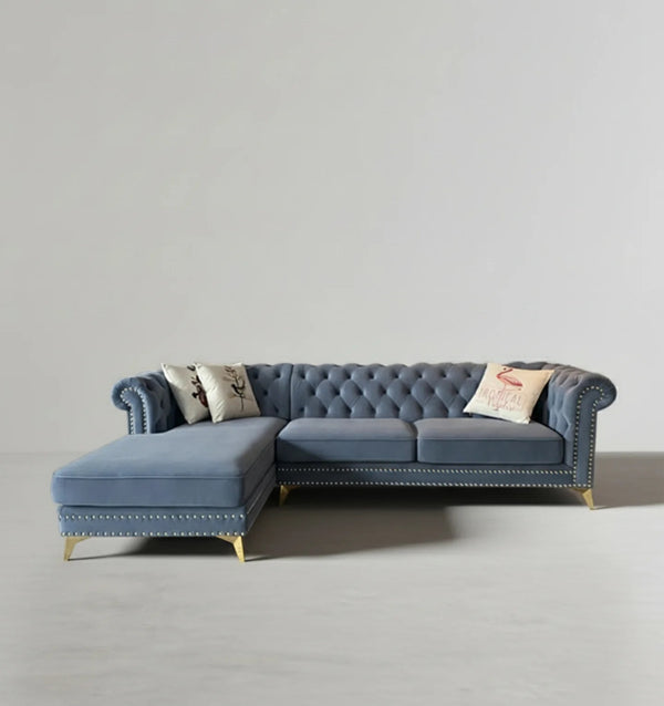 Glamour Velvet Three Seater Corner Sofa | Modern L-Shaped Sofa with Painted Steel Frame – Contemporary Luxury Seating for Living Room (Blue / Dark Blue)