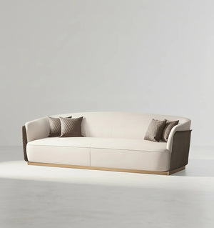 Demure Three Seater Velvet Sofa | Modern Contemporary 3-Seater Couch with Painted Steel Frame | Beige, Brown & Green Upholstered Living Room Sofa