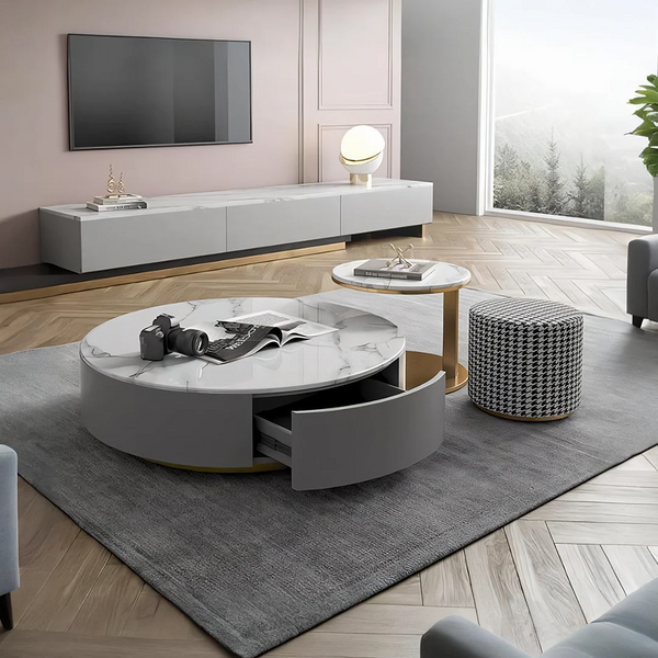 Valles Nesting Coffee Table Set | Contemporary Sintered Stone & MDF 2-Piece Modern Living Room Tables | Grey Finish Space-Saving Design